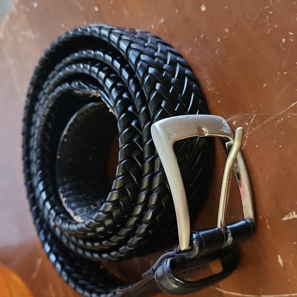 Black Distressed Leather Woven Plus Size Belt 48" Silver Buckle